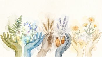 Ilustración acuarela de manos estilizadas en tonos verdes, azules, sepia, gris y amarillo, sosteniendo plantas, flores como lavanda y caléndula, y frascos de medicina.
