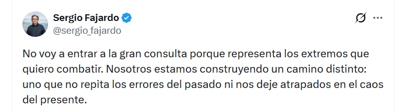 El candidato anunció que no participará en las dos consultas interpartidistas anunciadas hasta la fecha - crédito @sergio_fajardo/X