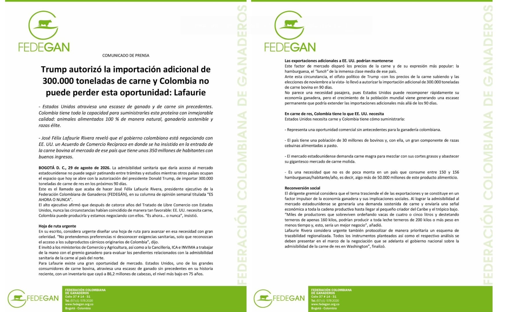 Fedegán pidió al Gobierno acelerar los trámites de admisibilidad sanitaria para que la carne colombiana pueda competir por el nuevo cupo abierto en el mercado estadounidense - crédito José Félix Lafaurie/Facebook