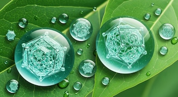 Gotas de agua transparentes sobre hojas verdes, conteniendo estructuras geométricas blancas y turquesas, simulando cristales de celulosa.