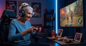 Una abuela gamer con auriculares y micrófono juega un videojuego en una silla de juego frente a un monitor. La mesa tiene aperitivos y fotos enmarcadas.
