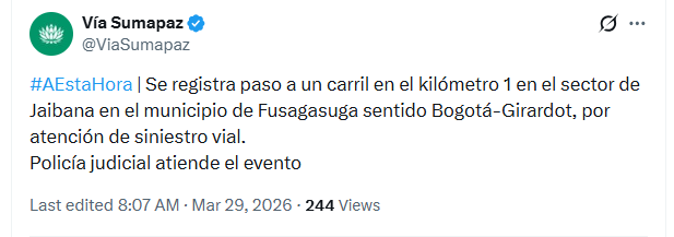 El tercer siniestro se registró en Fusagasugá - crédito @ViaSumapaz/X