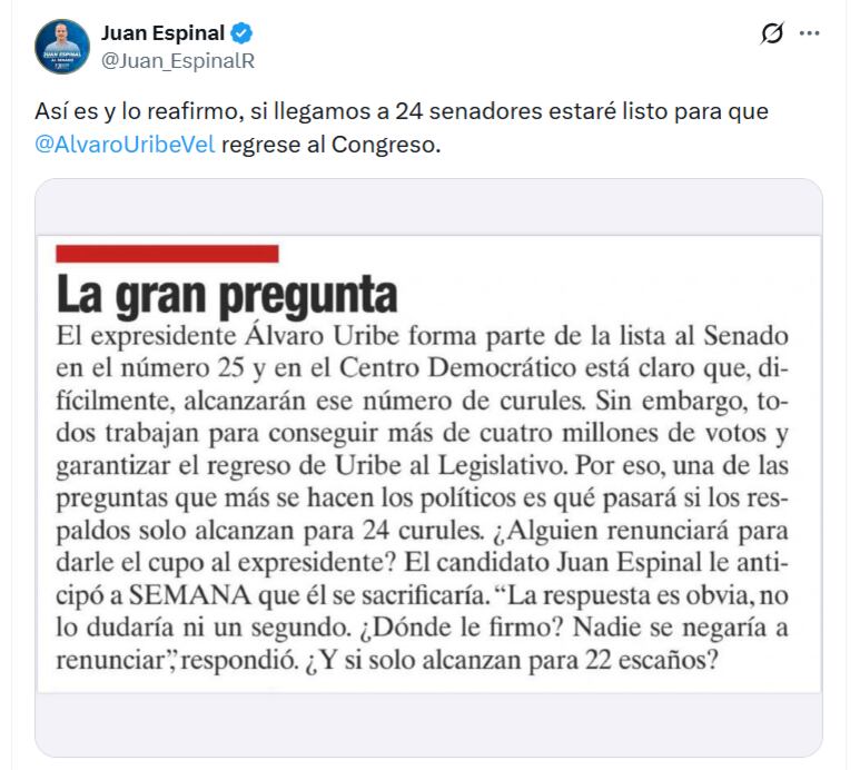 El congresista aseveró que entregaría su curul para que el expresidente llegue al legislativo - crédito @Juan_EspinalR/X