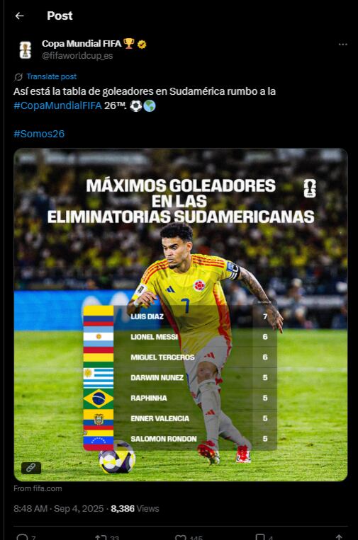 La cuenta oficial de la FIFA destacó a Luis Díaz como el goleador de las Eliminatorias Sudamericanas de la siguiente forma - crédito @fifaworldcup_es / X