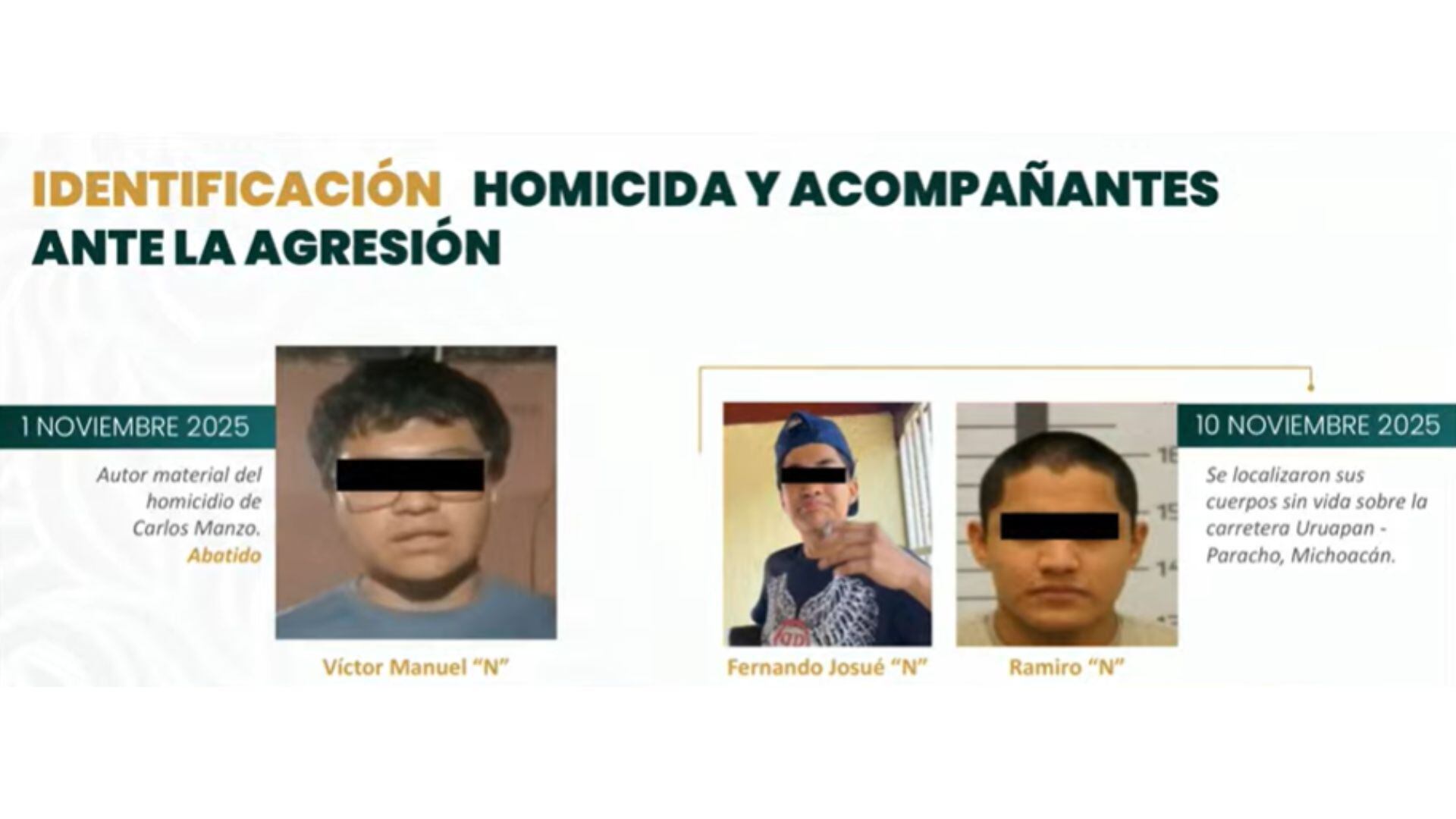 Infografía de los tres jóvenes asesinados tras la muerte de Carlos Manzo, quienes presuntamente estuvieron involucrados. (FOTO: Captura de pantalla)