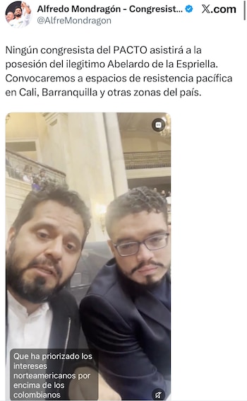 Congresistas del Pacto Histórico se retiran de la posesión de Abelardo de la Espriella - crédito @AlfreMondragon/X