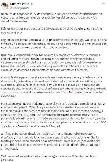El presidente señaló que el proceso de sanción no ha podido completarse por la falta de algunas firmas requeridas del Congreso. - crédito @petrogustavo/X