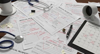 Escritorio con formularios de incapacidad médica con anotaciones en rojo, un estetoscopio azul, un bolígrafo, un calendario con fechas marcadas y tazas de café.