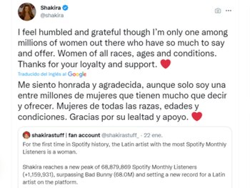 Shakira agradece ser la primera