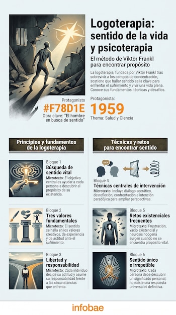 Infografía de logoterapia. Imagen de figura humana saliendo de escombros hacia una luz. Texto y seis bloques con iconos que explican principios y técnicas.