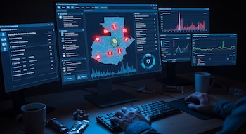 Primer plano de manos escribiendo en un teclado y usando un ratón frente a tres monitores que muestran mapas de Guatemala con alertas rojas y gráficos de datos.