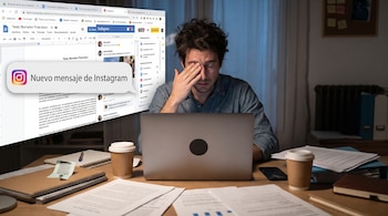 Un hombre está sentado frente a una computadora portátil en una mesa con papeles, vasos de café y una notificación superpuesta de Instagram.