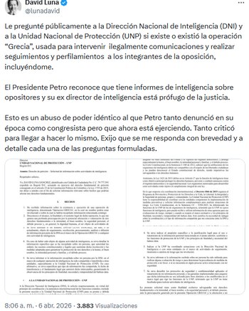 David Luna solicita transparencia a entidades estatales ante denuncias de seguimientos ilegales - crédito @lunadavid/X