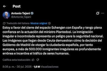Mensaje en X del ministro de Exteriores italiano