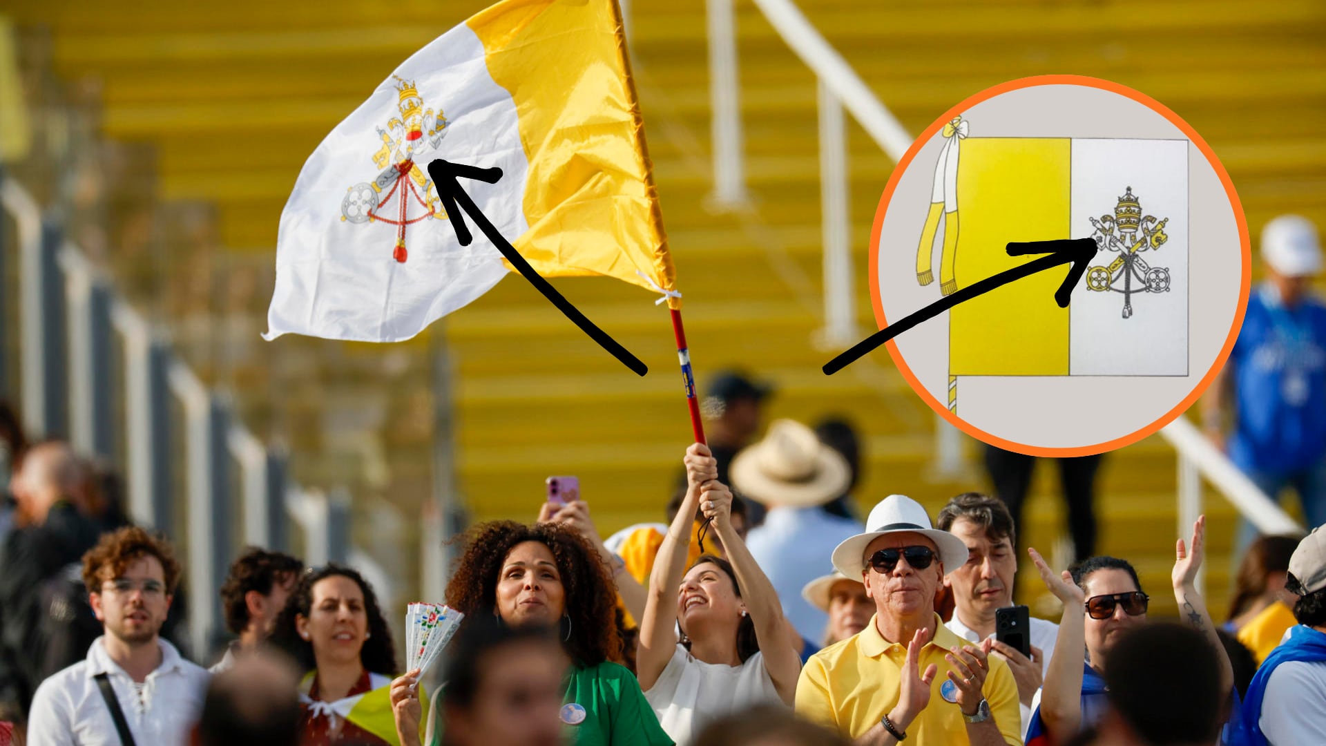 Bandera del público durante la vigilia del papa León XIV en el Estadio Olímpico de Barcelona junto a la bandera oficial de la Ciudad del Vaticano. (Montaje Infobae)