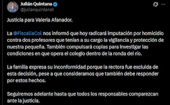 Julián Quintana, abogado de la familia Afanador, anunció que la Fiscalía imputará cargos a dos docentes por la muerte de Valeri - crédito Julián Quintana/X