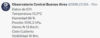 Captura de pantalla con datos meteorológicos del Observatorio Central Buenos Aires: temperatura, humedad, presión, viento, cielo cubierto y visibilidad