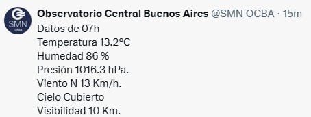 El Observatorio Central del Servicio Meteorológico Nacional en Buenos Aires publica un reporte de las condiciones climáticas a las siete de la mañana. (Servicio Meteorológico Nacional)