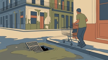 Ilustración de una persona de espaldas con un carrito de compras junto a una calle con un charco y una alcantarilla abierta frente a edificios.