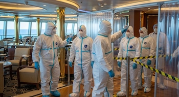 Seis personas con trajes blancos de protección y máscaras faciales, algunos con guantes azules, en el interior de un crucero. Uno toma la temperatura con termómetro.