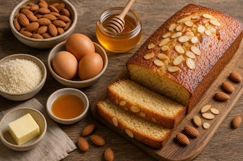 Budín rebanado con almendras en una tabla de madera junto a recipientes con huevos, mantequilla, harina de almendra y un frasco de miel.