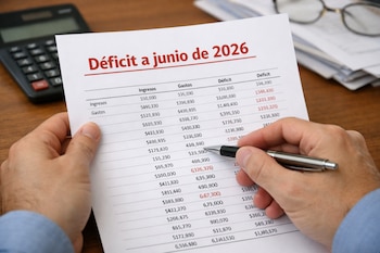 Manos de persona sostienen documento con título 'Déficit a junio de 2026' y tabla de números. Una pluma señala una cifra. Una calculadora y gafas.