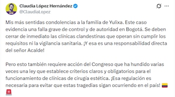 López insistió en que el Congreso debe avanzar en una regulación nacional que establezca criterios claros - crédito Claudia López/X