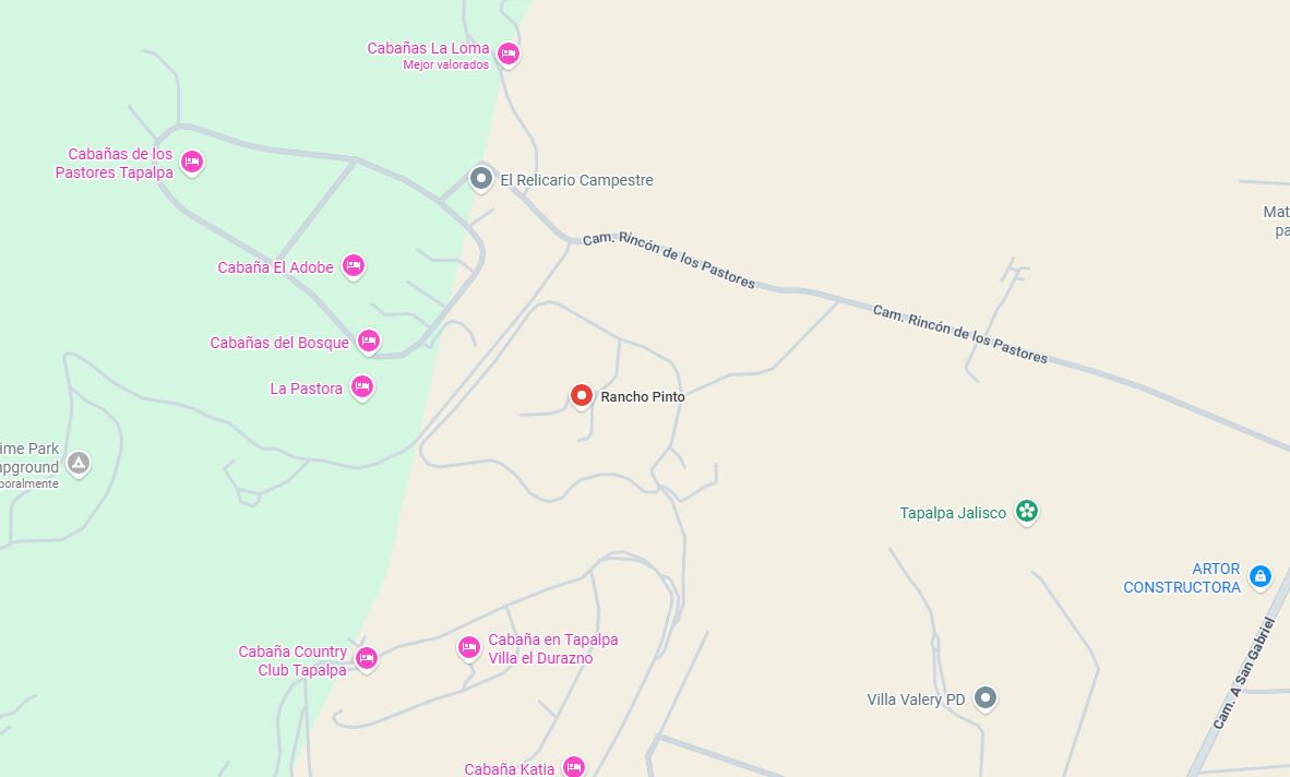 El punto rojo marca a rancho El Pinto, la zona donde fue localizado El Mencho, muy cerca del centro de Tapalpa. (Google Maps)