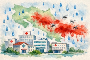 Acuarela de hospitales con cruces, mapa verde de Costa Rica con manchas rojas, cuatro mosquitos Aedes aegypti y gotas de lluvia azul cayendo.