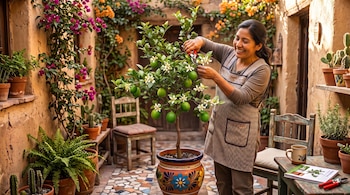 Una mujer con delantal usa tijeras frente a un limonero en maceta con limones verdes y flores, rodeada de macetas y plantas en un patio.