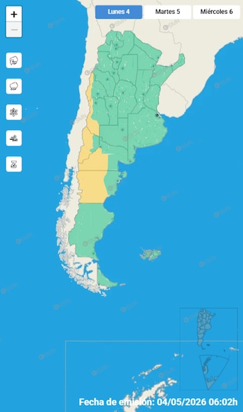 Mapa de Argentina mostrando alertas meteorológicas en verde y amarillo. Se observan íconos de lluvia, nieve, viento y heladas, con la fecha de emisión 04/05/2026