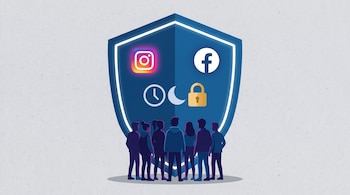Siluetas de adolescentes frente a un escudo azul con los íconos de Instagram, Facebook, un reloj, una luna y un candado.