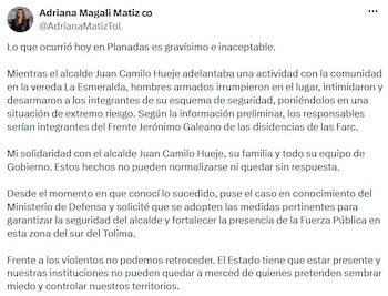 La gobernadora Adriana Magali Matiz calificó como grave lo ocurrido y manifestó su solidaridad con el alcalde y el equipo municipal. - crédito @AdrianaMatizTol/X