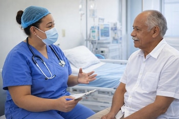 Una enfermera con uniforme azul, mascarilla y gorro quirúrgico habla con un hombre adulto en camisa blanca en un hospital. Hay una cama y equipos médicos al fondo.