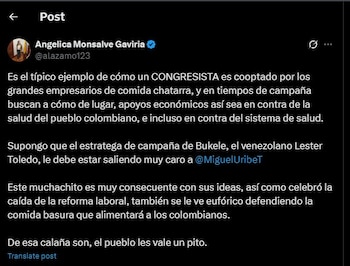 Angélica Monsalve cuestionó la postura
