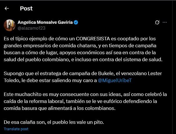 Angélica Monsalve cuestionó la postura del senador Miguel Uribe frente a los alimentos ultraprocesados - crédito @alazamo123