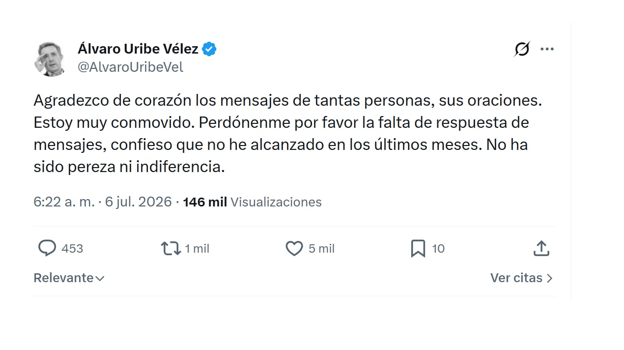 A través de sus redes sociales, el expresidente Álvaro Uribe Vélez agradeció mensajes de apoyo, frente al caso por el que deberá comparecer el 24 de julio - crédito @alvarouribevel/X
