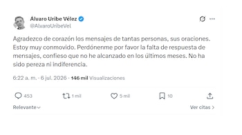 Álvaro Uribe Vélez agradeció mensajes de apoyo