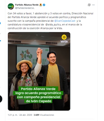 El partido Alianza Verde confirmó su respaldo a Iván Cepeda en las elecciones presidenciales - crédito @PartidoVerdeCoL/X