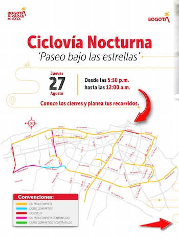 La Ciclovía Nocturna del Festival de Verano habilitará corredores como la carrera Séptima, la calle 116, la avenida Boyacá y la calle 26 para peatones y deportistas - crédito Idrd/X
