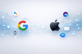 Logos estilizados de Google y Apple sobre un fondo blanco grisáceo con una red orgánica de nodos y conexiones azules, con íconos de asistentes virtuales y chat.