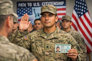 Soldado Ortega en uniforme del Ejército de EEUU levanta su mano derecha, sostiene tarjeta de residente permanente, con bandera y cartel de ciudadanía de fondo.