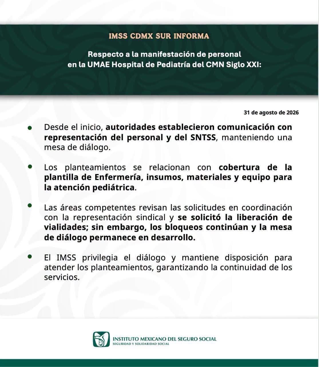 Comunicado Oficial del IMSS.