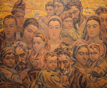 Pintura acrílica que representa un gran grupo de personas de todas las edades, con rasgos estilizados y colores cálidos, un fondo de casas rurales