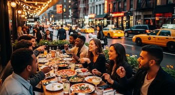 Un grupo diverso de jóvenes adultos cena en una mesa de restaurante al aire libre de noche, con pizzas y bebidas, y taxis amarillos en la calle de Nueva York.