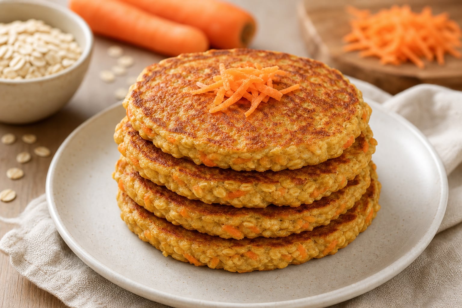 Una pila de panqueques elaborados con avena y zanahoria reposa en un plato junto a los ingredientes utilizados en su preparación. (Imagen Ilustrativa Infobae)