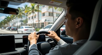 Vista desde el interior de un coche mostrando a un conductor con las manos en el volante. A través del parabrisas se ven palmeras y edificios en Miami.