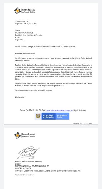 Carta de renuncia de Darío Acevedo al CNMH