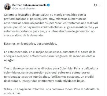 Germán Bahamón Jaramillo, gerente general de la FNC, dijo que un apagón le costará mucho a los caficultores - crédito @GermanBahamon/X