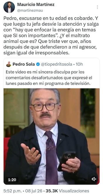 Captura de pantalla de dos publicaciones en X. La superior es de Mauricio Martínez. La inferior es de Pedro Sola e incluye un video suyo